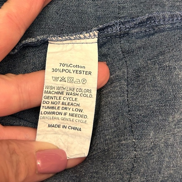 Slim Stitching Denim Top Blouse Long Sleeve Pearl Neckline & Lace Trim Size L - Picture 11 of 13